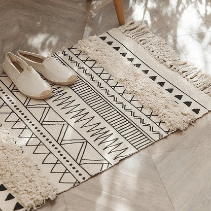 Alfombra Artesanal con Borlas Estilo Nórdico y Marroquí – Decoración Bohemia para Dormitorio y Sala
