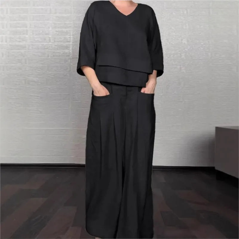 Conjunto Elegante Dúo – Blusa de Cuello en V + Pantalón Palazzo con Bolsillos