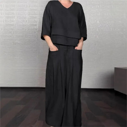 Conjunto Elegante Dúo – Blusa de Cuello en V + Pantalón Palazzo con Bolsillos
