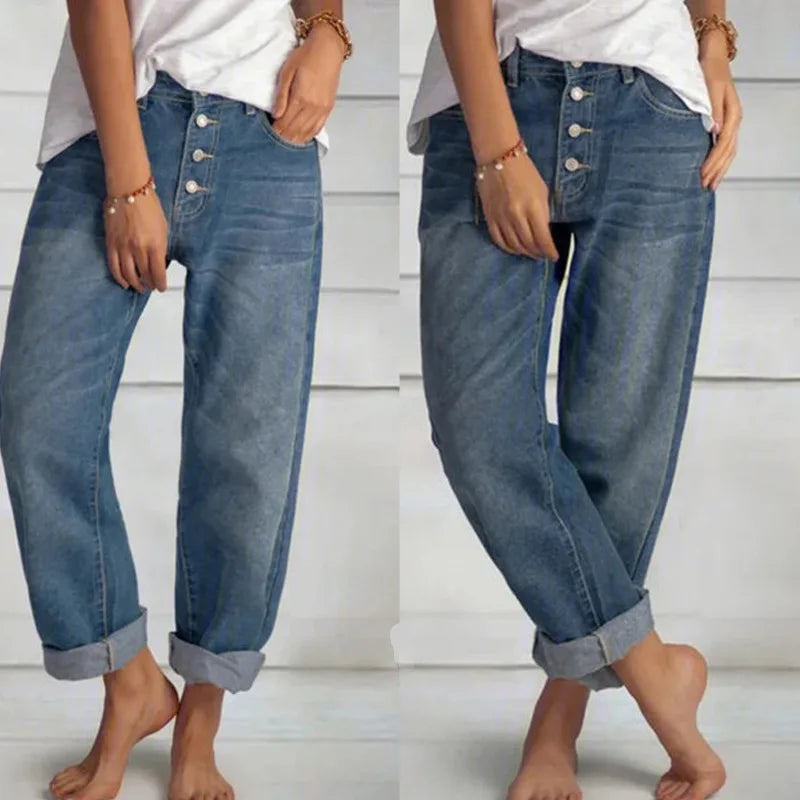 Jeans Rectos de Tiro Alto para Mujer - Estilo "Distressed" y Corte Relajado (Ankle-Length)