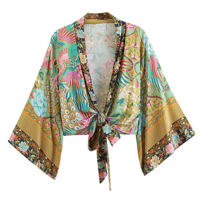 Top Kimono Corto Floral para Mujer – Estilo Bohemio de Playa con Escote en V