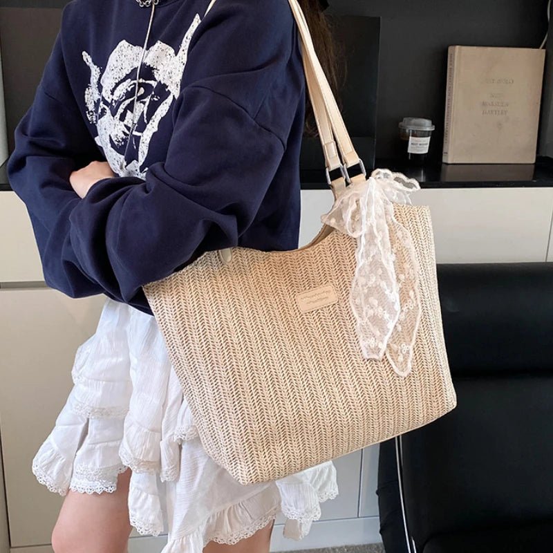 Bolso Tote de Playa de Gran Capacidad Tejido a Mano – Bolso de Hombro Casual de Verano