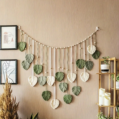 Decoración de Pared Tejida Moderna con Hojas Verdes – Estilo Bohemio Natural