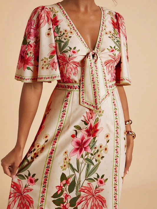 🌸 Vestido Maxi Floral con Mangas Volante y Escote en V con Lazo – Elegancia Atemporal