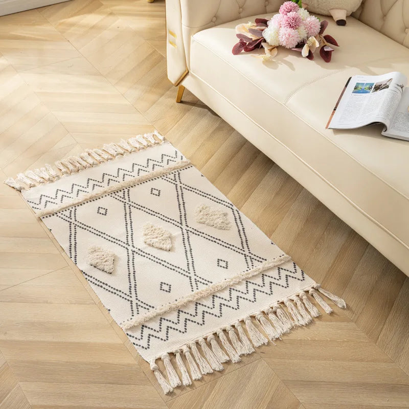 Alfombra Artesanal con Borlas Estilo Nórdico y Marroquí – Decoración Bohemia para Dormitorio y Sala