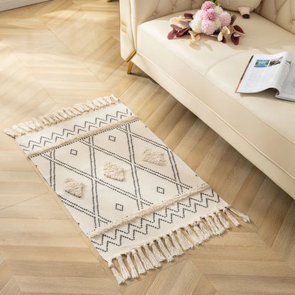 Alfombra Artesanal con Borlas Estilo Nórdico y Marroquí – Decoración Bohemia para Dormitorio y Sala