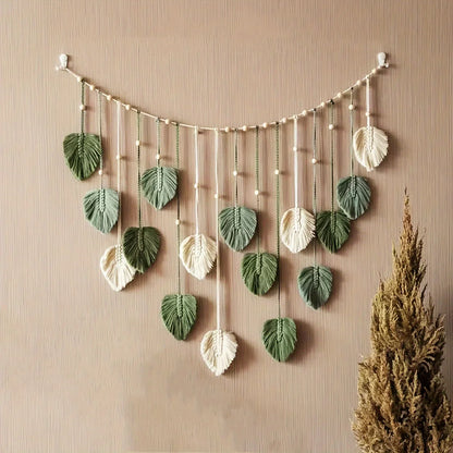 Decoración de Pared Tejida Moderna con Hojas Verdes – Estilo Bohemio Natural