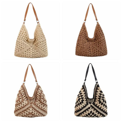 Bolso de Hombro Tejido de Paja Estilo Crochet – Bolso de Verano Casual para Playa y Viajes