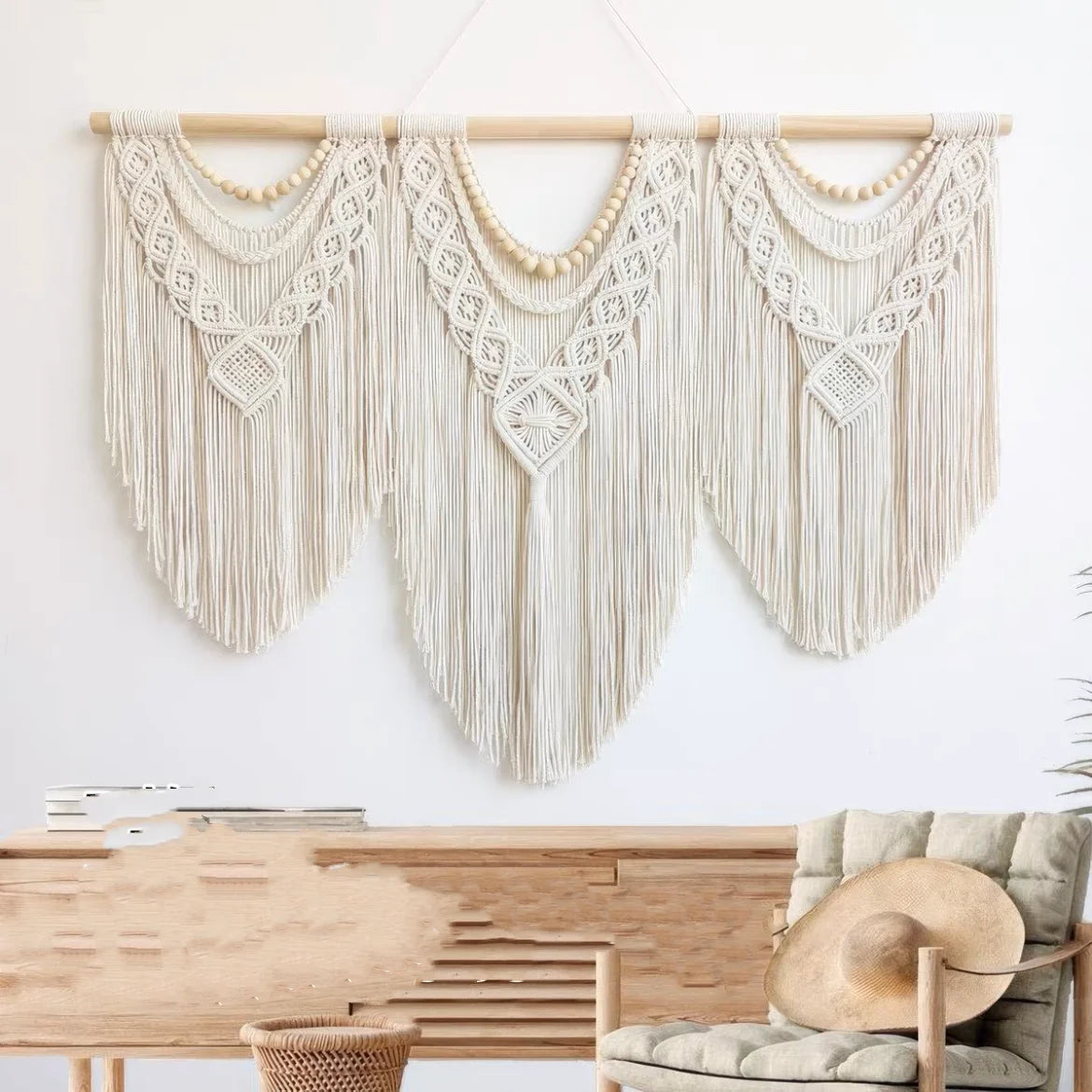 Tapiz de Macramé Bohemio Tejido a Mano – Decoración de Pared en Algodón Color Blanco Crema