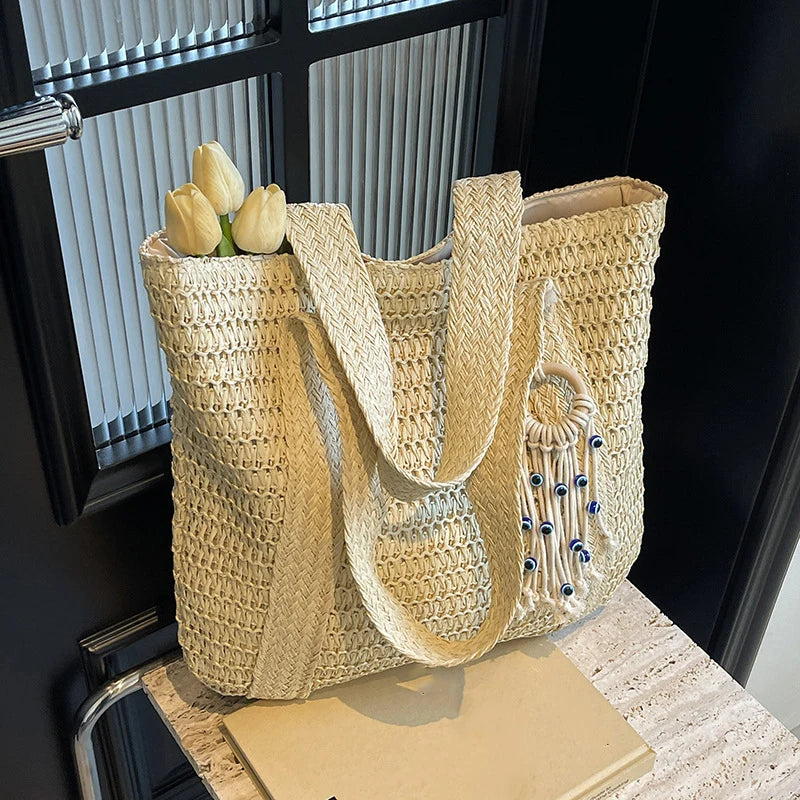 Bolso de Paja Tejido para Mujer – Tote Bohemio de Verano con Gran Capacidad