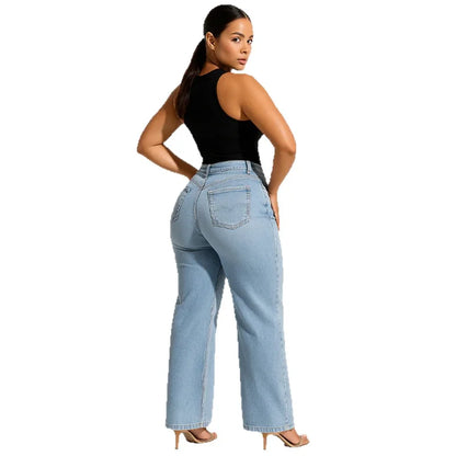 Jeans Mujer Recto de Corte Slim con Efecto Realce – Denim Azul Lavado
