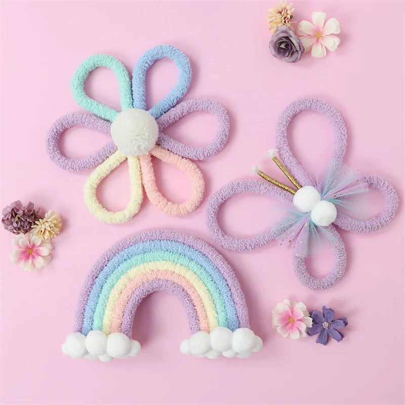 🌼🌈 Colgante Decorativo Boho Nórdico Tejido – Flores, Arcoíris y Mariposa para Habitación Infantil 🌈🌼
