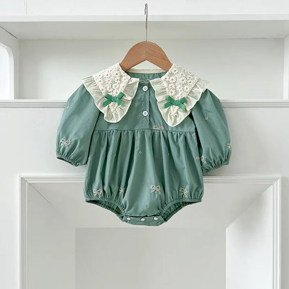 🎀 Enterito para Bebé Niña con Encaje, Moño y Bordado Floral🎀