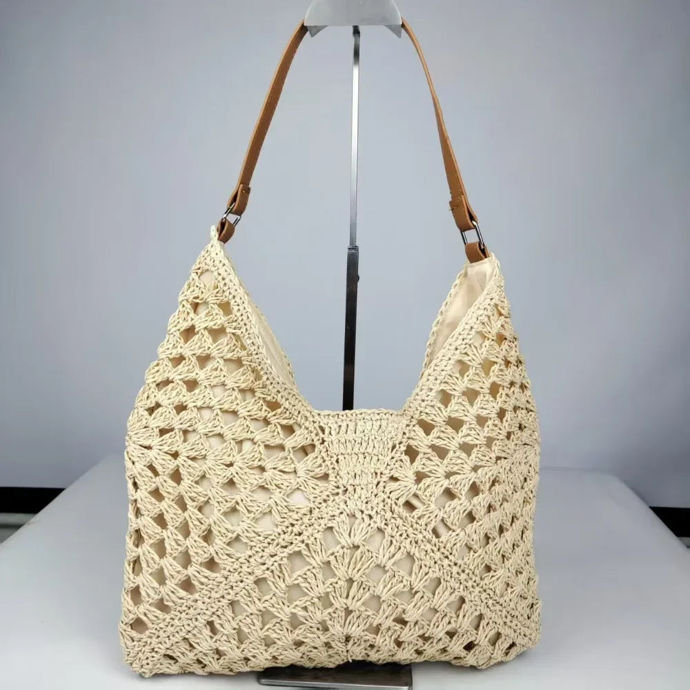 Bolso de Hombro Tejido de Paja Estilo Crochet – Bolso de Verano Casual para Playa y Viajes