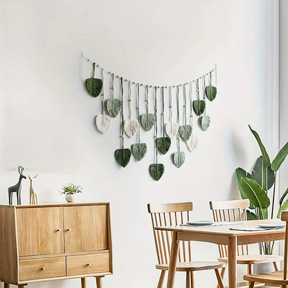 Decoración de Pared Tejida Moderna con Hojas Verdes – Estilo Bohemio Natural