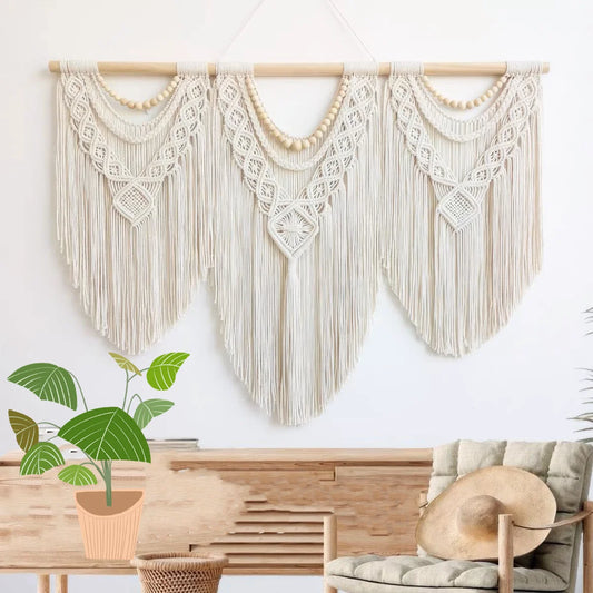 Tapiz de Macramé Bohemio Tejido a Mano – Decoración de Pared en Algodón Color Blanco Crema