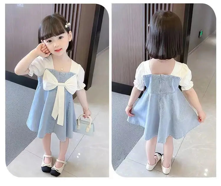 Vestido Infantil de Mezclilla para Niña – Estilo Princesa con Bordado y Lazo