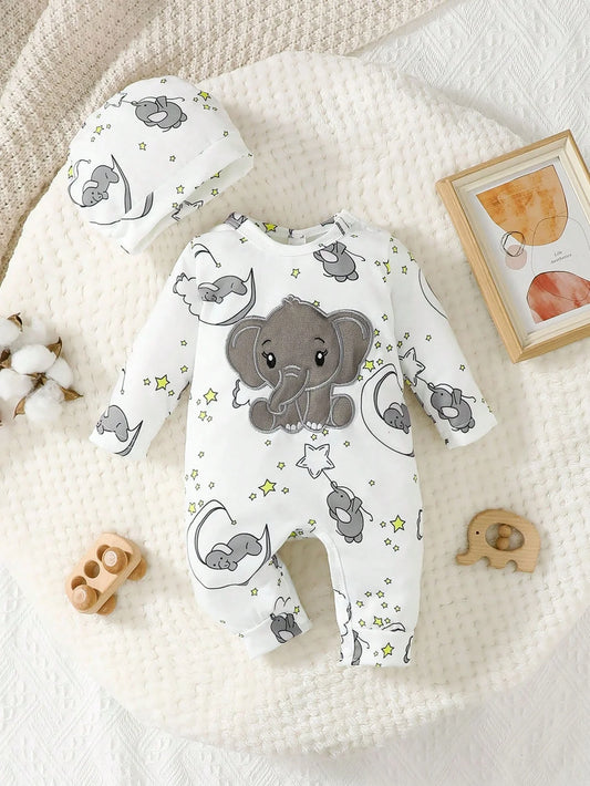 ⭐ Conjunto de 2 Piezas para Bebé – Body de Manga Larga con Bordado de Elefante + Gorrito