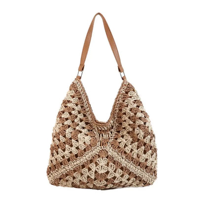 Bolso de Hombro Tejido de Paja Estilo Crochet – Bolso de Verano Casual para Playa y Viajes