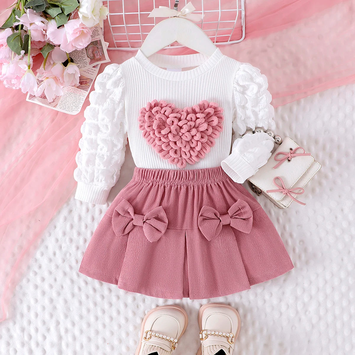 ⭐ Conjunto Dulce Infantil – Blusa con Mangas Abullonadas + Falda Rosa para Niñas (0–3 Años)