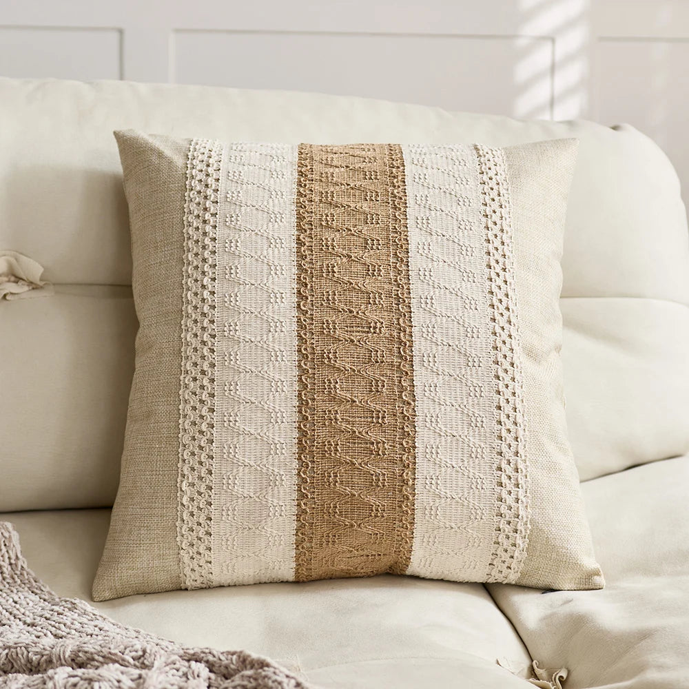 🌾 Funda de Cojín Boho de Algodón y Lino con Flecos – Elegancia Artesanal para tu Espacio
