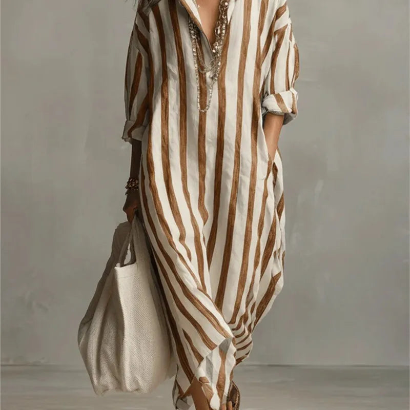 Vestido Casual a Rayas con Cuello en V y Manga 3/4