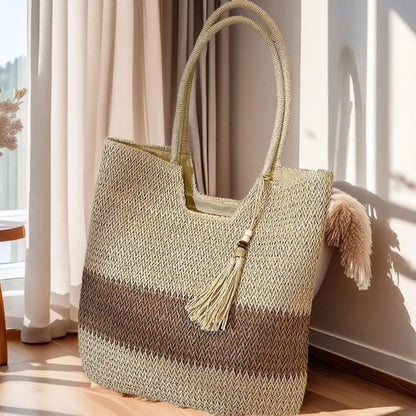 Bolso tejido de paja con Borlas – Tote Grande y Ligero para Viajes y Verano