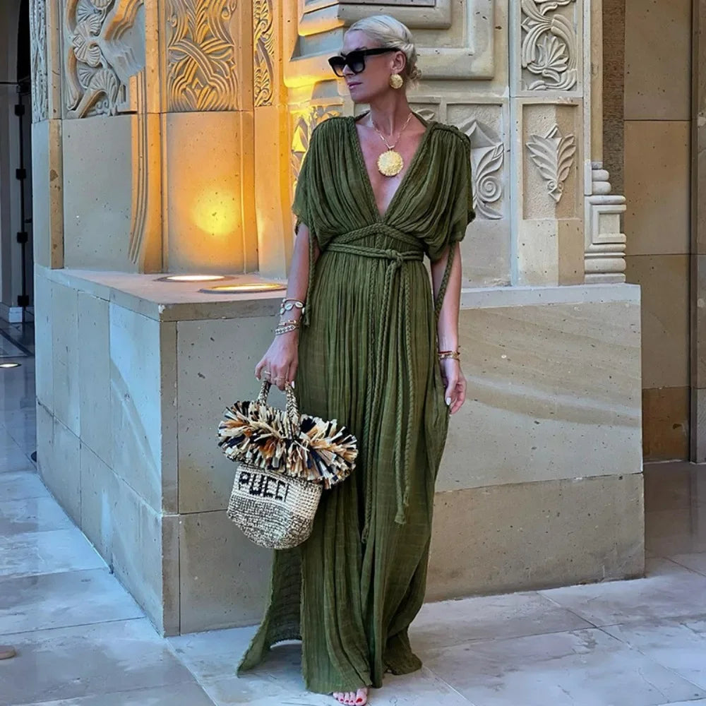 Vestido Bohemio Largo Verde para Mujer – Vestido de Verano Elegante con Aberturas Laterales y Espalda Descubierta