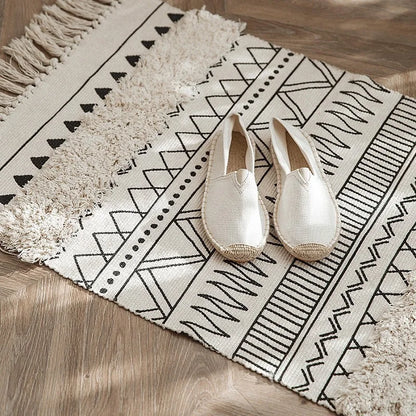 Alfombra Artesanal con Borlas Estilo Nórdico y Marroquí – Decoración Bohemia para Dormitorio y Sala