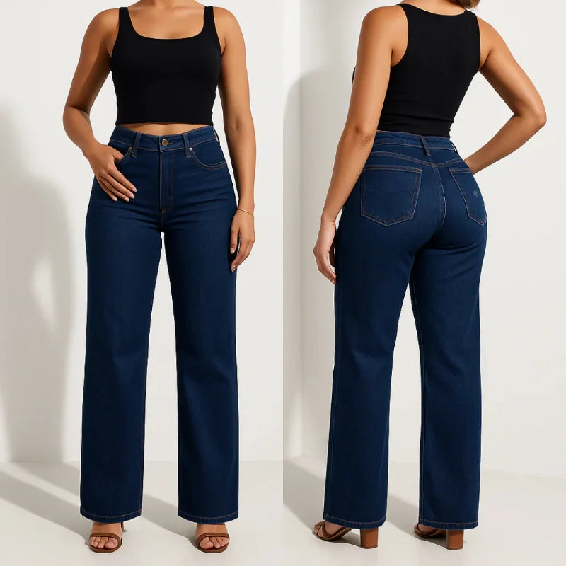 Jeans Mujer Recto de Corte Slim con Efecto Realce – Denim Azul Lavado