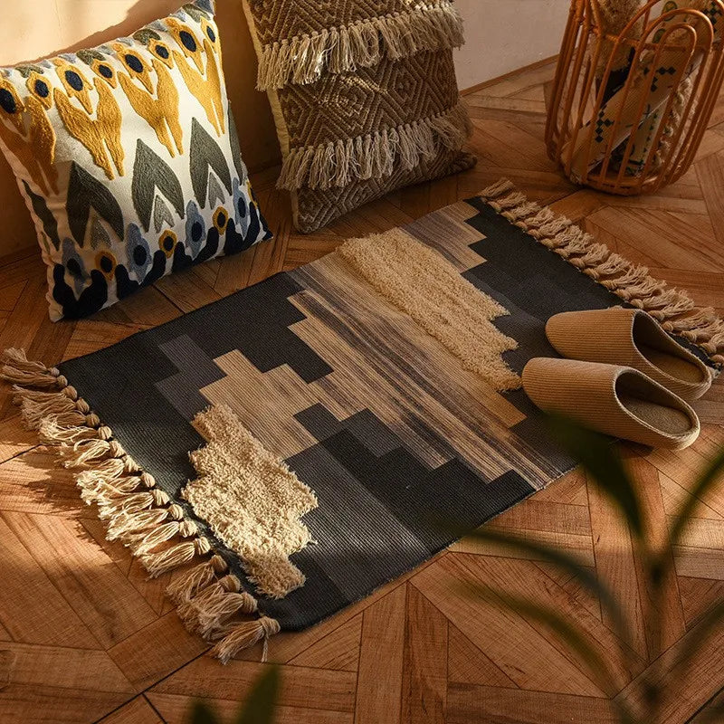 Alfombra Artesanal con Borlas Estilo Nórdico y Marroquí – Decoración Bohemia para Dormitorio y Sala