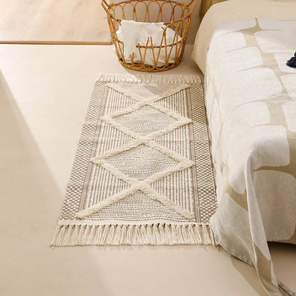 Alfombra Artesanal con Borlas Estilo Nórdico y Marroquí – Decoración Bohemia para Dormitorio y Sala