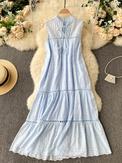 Vestido Bohemio de Verano para Mujer – Vestido Midi sin Mangas con Escote en V y Bordado