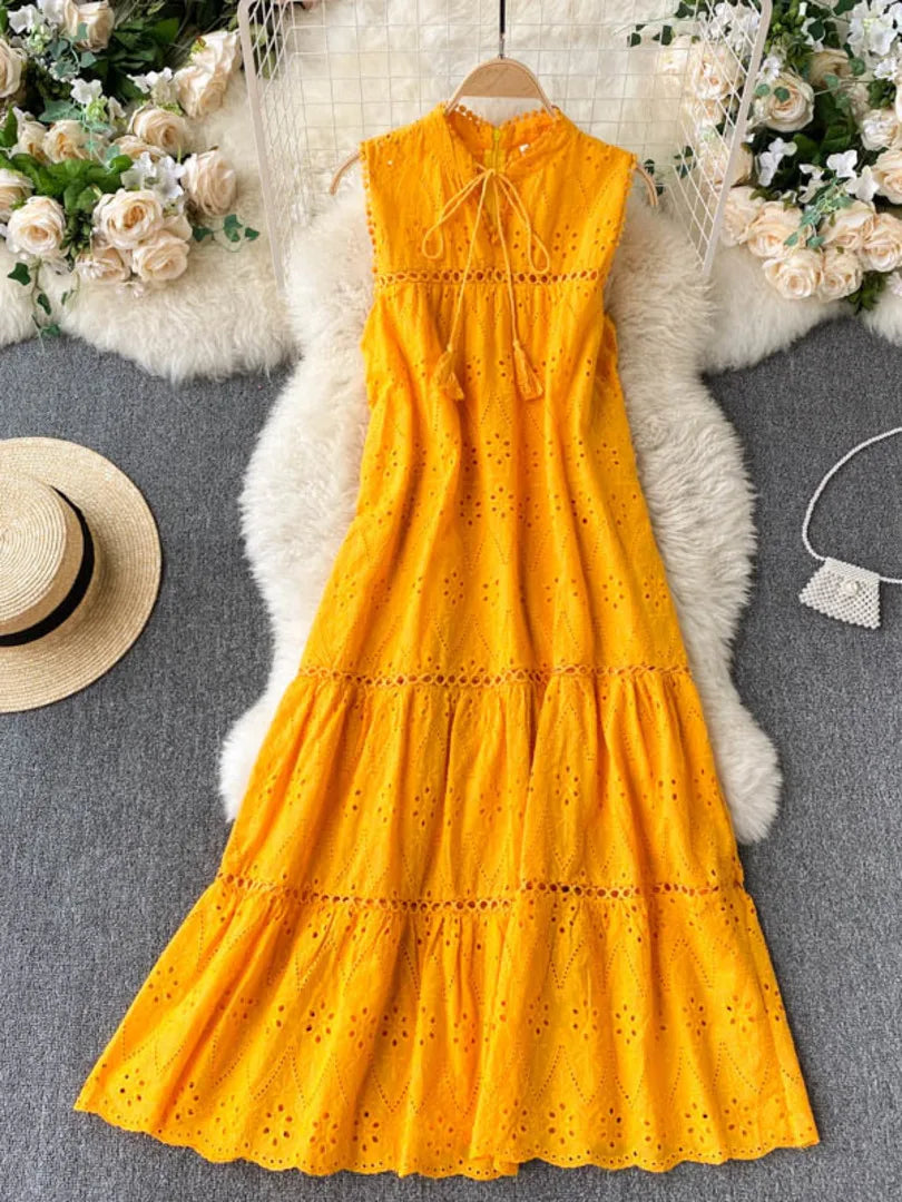 Vestido Bohemio de Verano para Mujer – Vestido Midi sin Mangas con Escote en V y Bordado