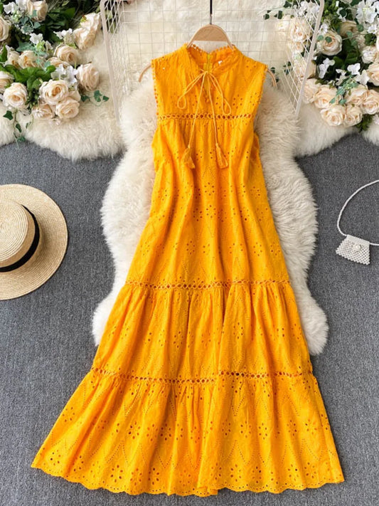 Vestido Bohemio de Verano para Mujer – Vestido Midi sin Mangas con Escote en V y Bordado