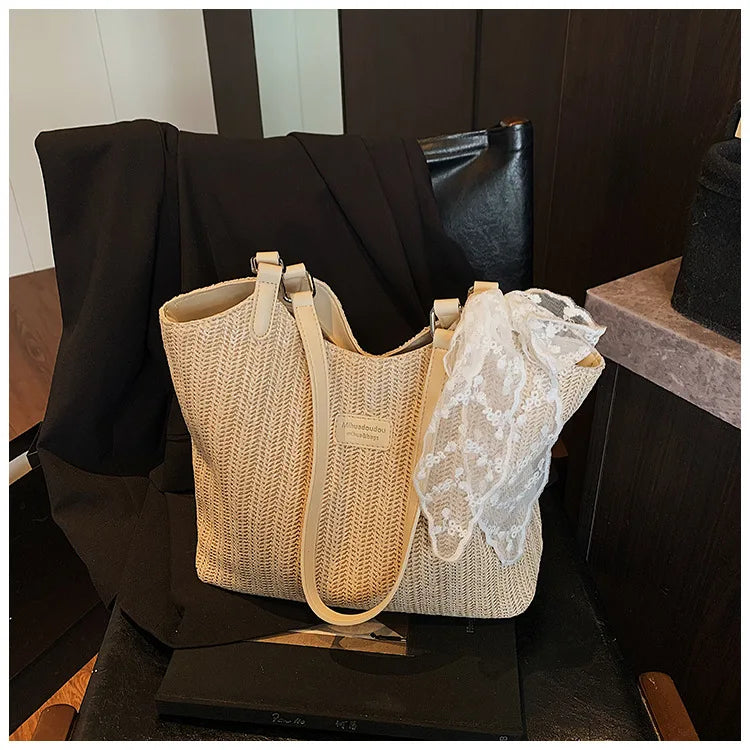 Bolso Tote de Playa de Gran Capacidad Tejido a Mano – Bolso de Hombro Casual de Verano
