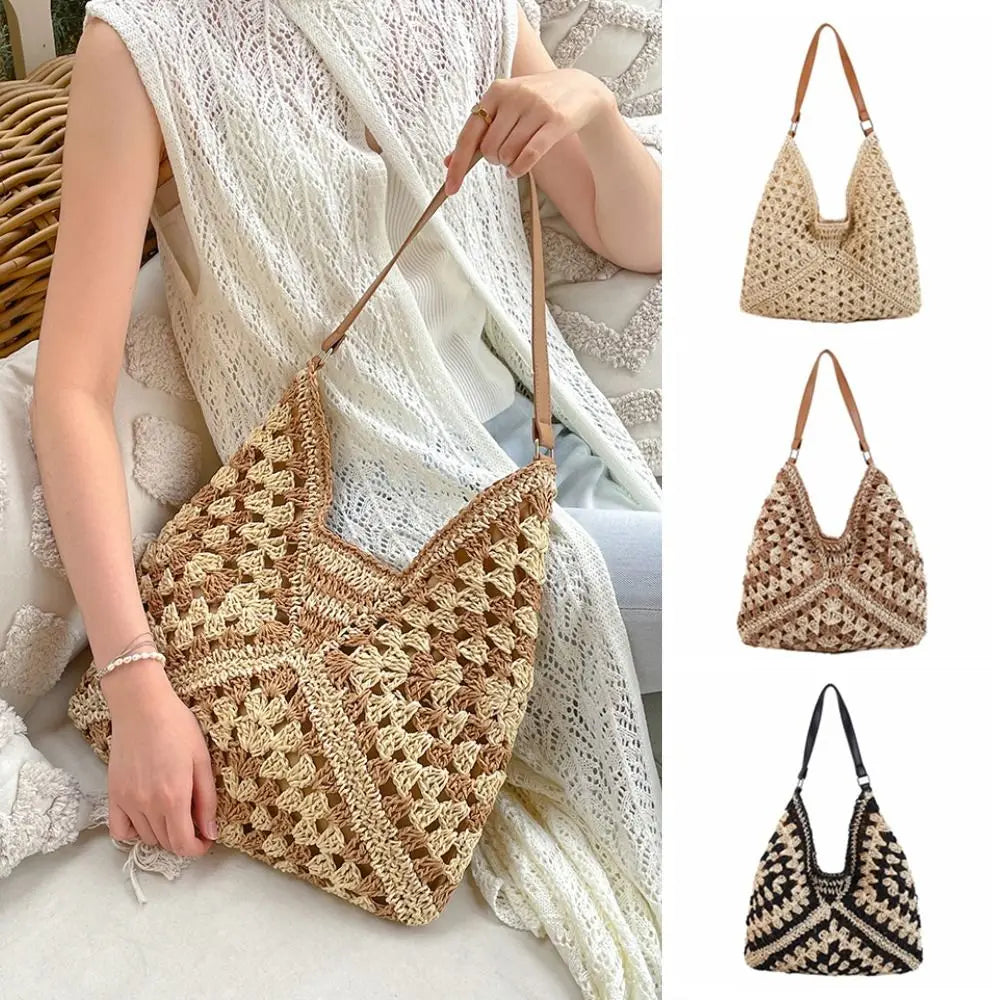Bolso de Hombro Tejido de Paja Estilo Crochet – Bolso de Verano Casual para Playa y Viajes