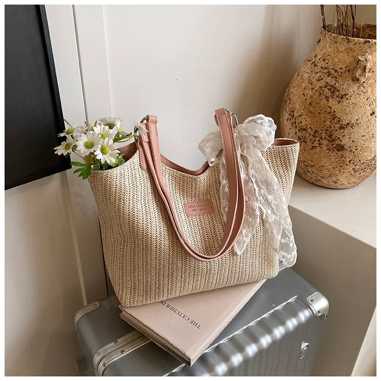 Bolso Tote de Playa de Gran Capacidad Tejido a Mano – Bolso de Hombro Casual de Verano