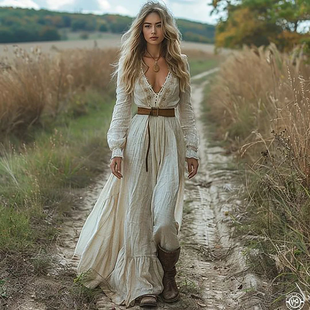 Vestido Maxi de Estilo Campestre – Elegancia Bohemia y Romance Vintage