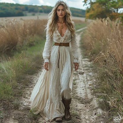 Vestido Maxi de Estilo Campestre – Elegancia Bohemia y Romance Vintage