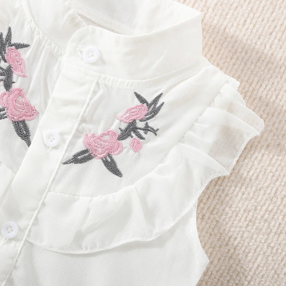 🌸 Conjunto de Verano para Niña – Top Bordado sin Mangas + Shorts de Algodón