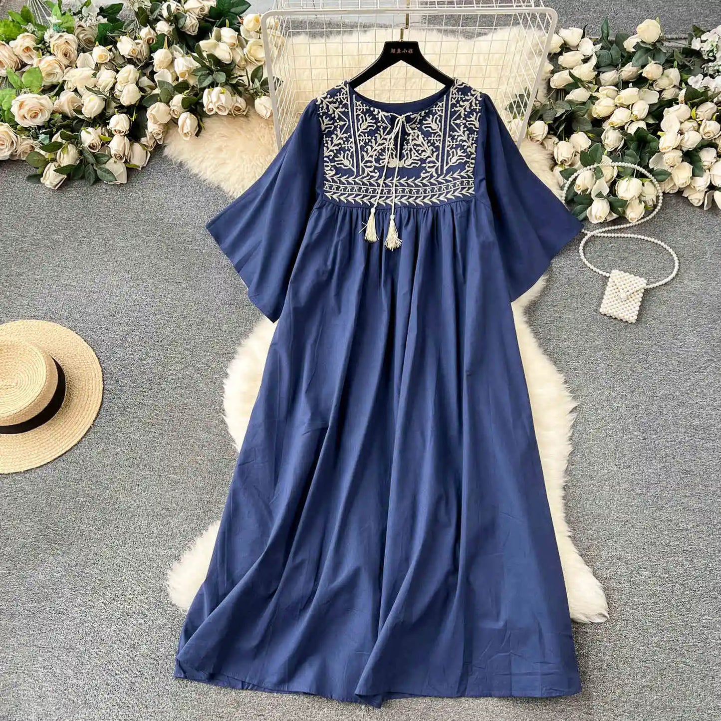 Vestido Bohemio Bordado para Mujer – Vestido Midi de Verano con Corte A y Cintura Imperio