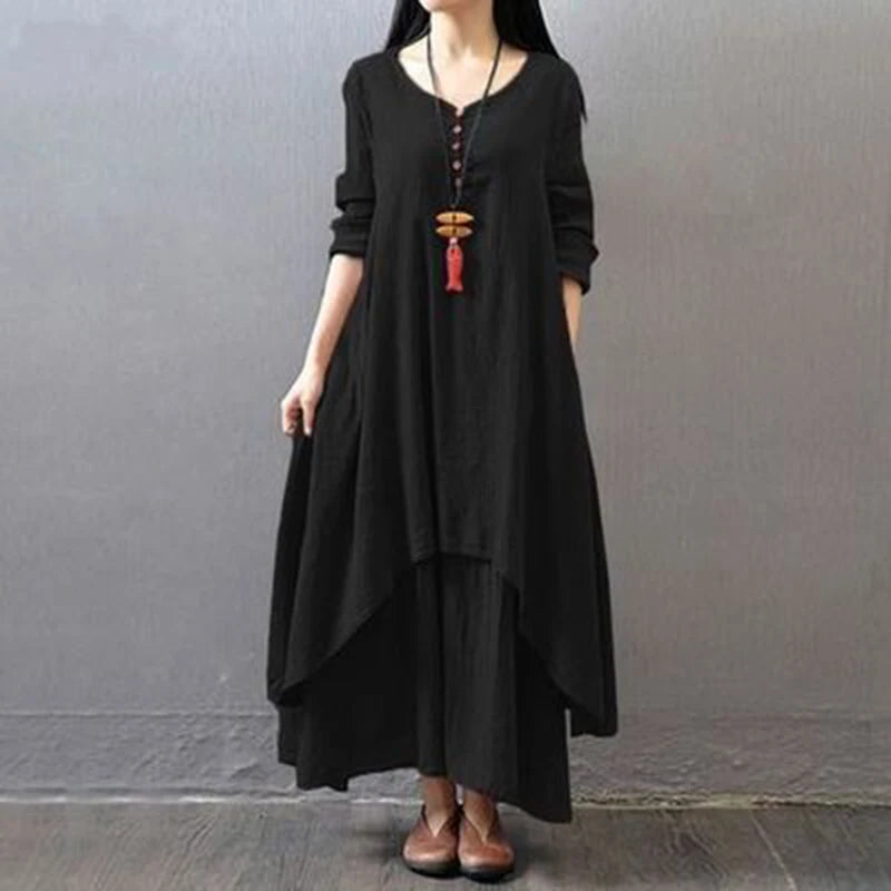 Vestido Largo de Lino Blanco para Mujer – Estilo Bohemio Vintage de Otoño