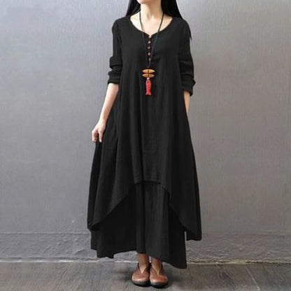 Vestido Largo de Lino Blanco para Mujer – Estilo Bohemio Vintage de Otoño