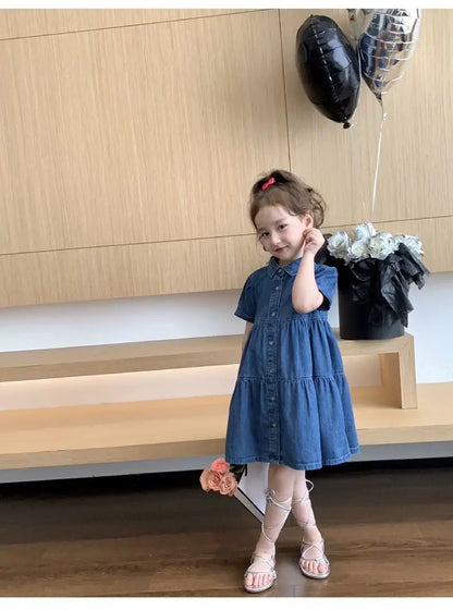 Vestido Infantil de Mezclilla para Niña – Estilo Princesa con Bordado y Lazo