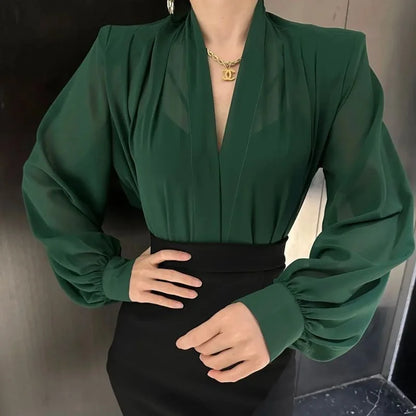 Blusa Elegante Aura, Estilo Francés - Manga Larga y Cuello en V