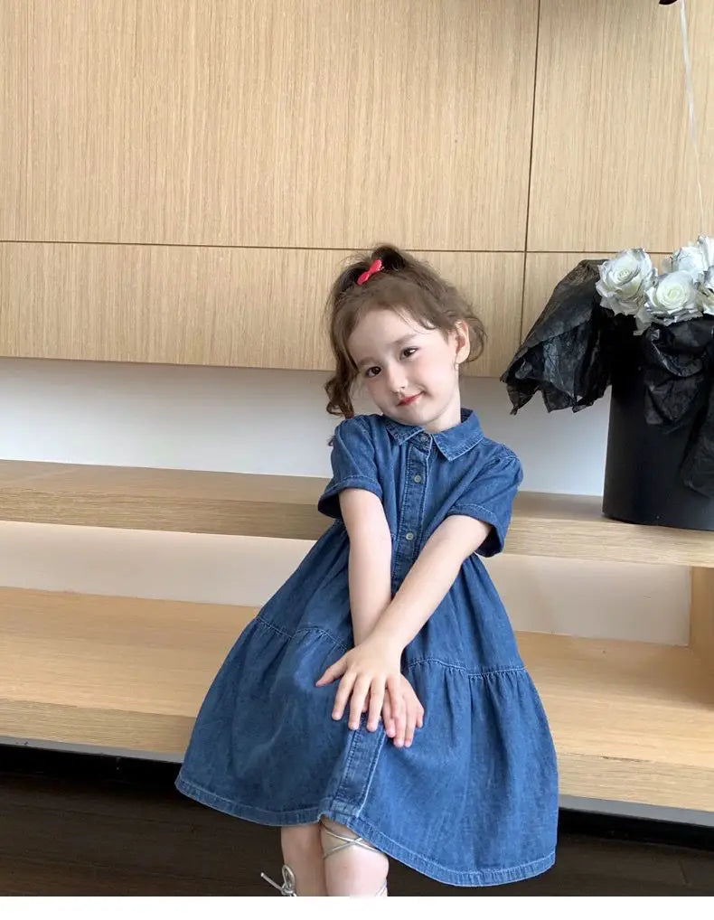 Vestido Infantil de Mezclilla para Niña – Estilo Princesa con Bordado y Lazo