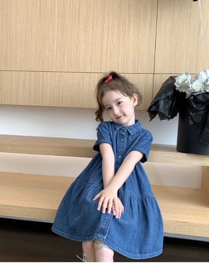 Vestido Infantil de Mezclilla para Niña – Estilo Princesa con Bordado y Lazo