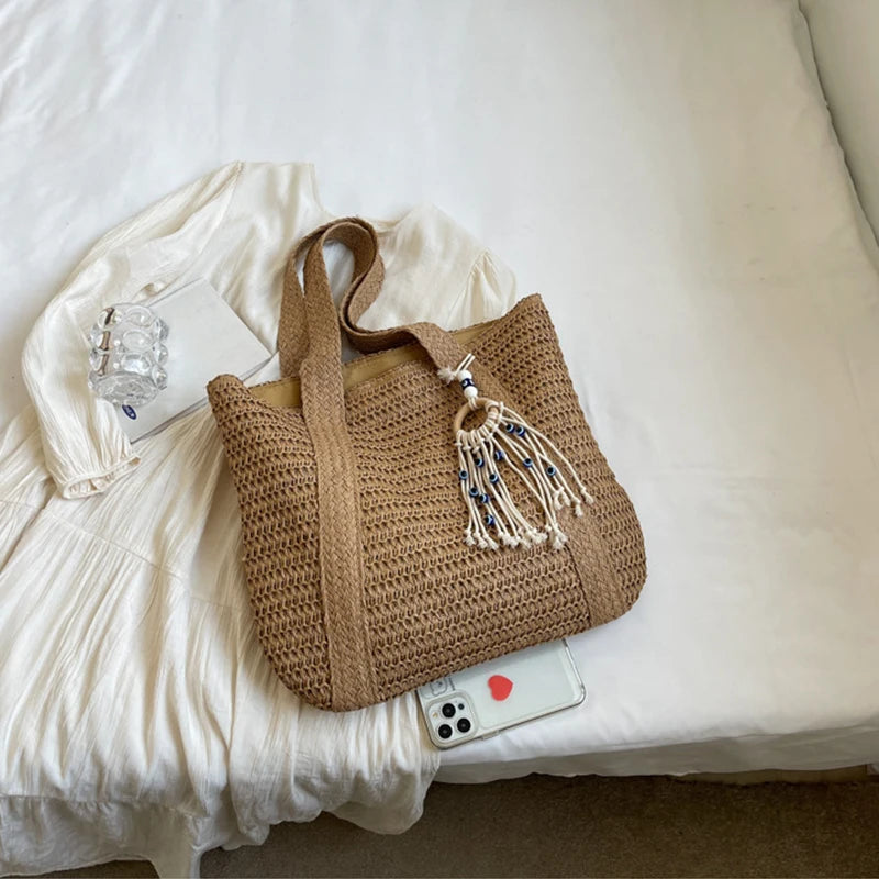 Bolso de Paja Tejido para Mujer – Tote Bohemio de Verano con Gran Capacidad