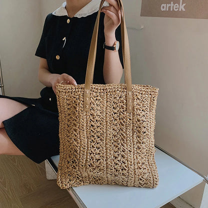 Bolso de Hombro Tejido a Mano de Raffia – Tote Bohemio de Verano para Playa y Viajes